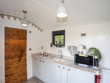 A kitchen with white cabinets granite countertop microwave kettle and wooden door at Shepherd's Stone in Llanfairynghornwy near Llanfaethlu