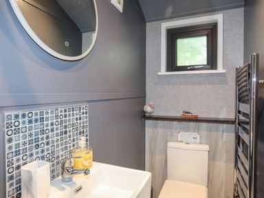 A bathroom with a white sink and hand soap a toilet a small window and a towel rack at Shepherds Stone in Llanfairynghornwy near Llanfaethlu