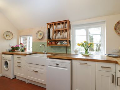 A kitchen with a wooden countertop a sink a dishwasher a washing machine flowers on the countertop and plates on a wall rack at Chalkpit Cottage in Blewbury
