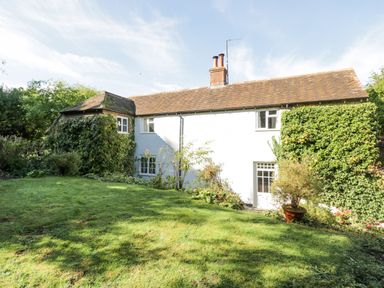 A white house with a tiled roof surrounded by grass and plants at Chalkpit Cottage in Blewbury