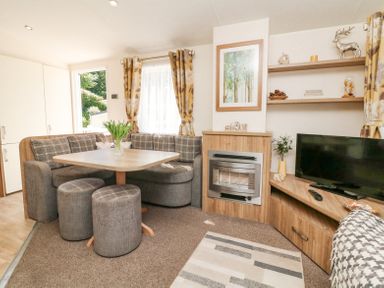 A living area with a wooden dining table and cushioned seating next to a fireplace and a television at Horizon in Combe Martin