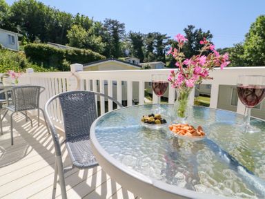 An outdoor patio with glass tables and wicker chairs two glasses of wine bowls of snacks and a vase with pink flowers at Horizon Combe Martin