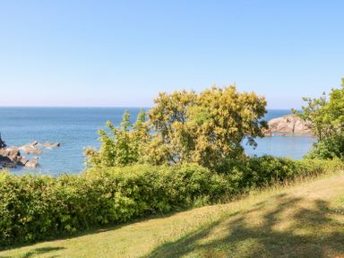 A coastal landscape with grass shrubs trees rocks and the sea at Horizon in Combe Martin