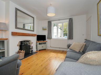 A living room with a sofa and armchair a television on a wooden stand a fireplace with a mirror above it and a window with curtains at Hobbs Cottage in Sticklepath