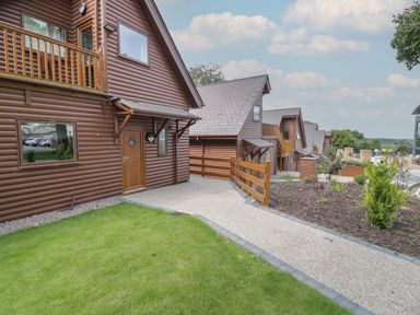 A walkway leading to brown log cabins with green lawn and garden at Classic Lodge 16 in Dyserth