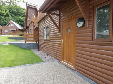 An exterior view of a brown wooden lodge with a door numbered 16 and windows surrounded by grass at Classic Lodge 16 in Dyserth