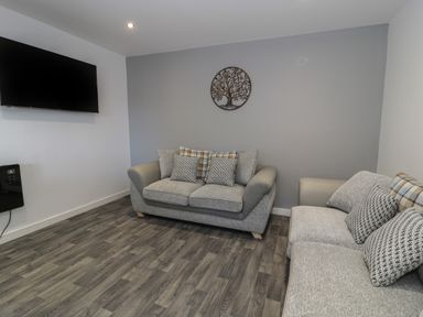 A living room with two sofas a wall mounted tv and a tree wall decoration at Classic Lodge 16 in Dyserth
