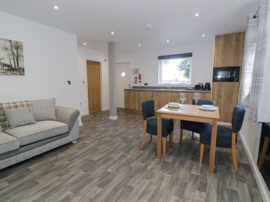 An open kitchen and dining area with a wooden table set for four and a gray and beige sofa at Classic Lodge 16 in Dyserth