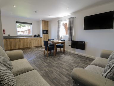 An open living room and kitchen area with sofas dining table chairs TV and wood cabinets at Classic Lodge 16 in Dyserth
