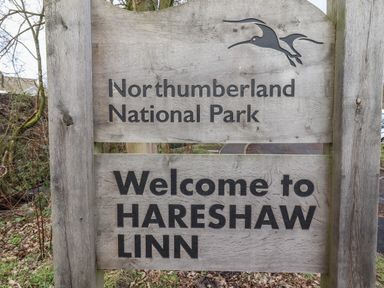 A wooden sign for Northumberland National Park welcoming to Hareshaw Linn