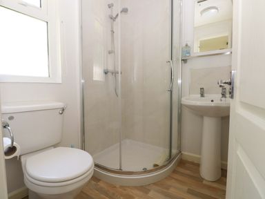 A bathroom with a shower, sink, and toilet at Serenity in Kilgetty