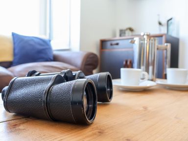 A pair of binoculars on a wooden table with a coffee pot and cups in a living room at Long View in Southwold