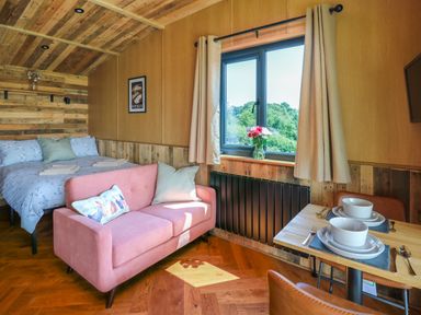 A small room with a bed a pink sofa a window with flowers and a dining table set for two at Hen's Hideaway in Rhaedr Gwy near Rhayader