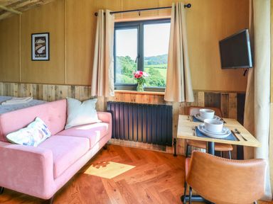 A small room with a pink sofa a window with curtains and flowers a wall-mounted television and a dining table with two chairs set for two at Hen's Hideaway in Rhaedr Gwy near Rhayader