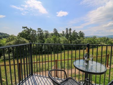 A balcony with a glass table, two wine glasses, a bottle, and a chair overlooking trees and fields at Hen's Hideaway in Rhaedr Gwy near Rhayader
