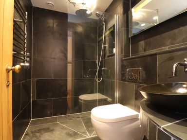 A bathroom with a shower area a toilet and a sink with a mirror above at The Riblows Cape Cornwall Bollowal near St Just