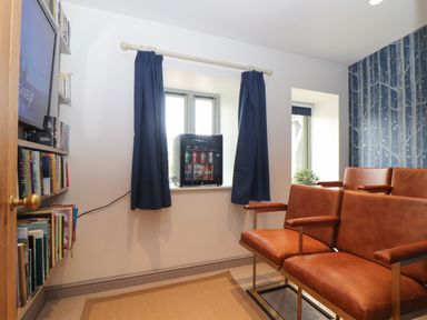 A small room with brown leather chairs a mini fridge on the window ledge blue curtains bookshelves and a television at The Riblows Cape Cornwall in Bollowal near St Just