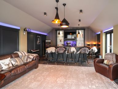 A lounge area with leather sofa and armchair with cushions and a bar with stools covered in fur at Glamorgan House Cardiff