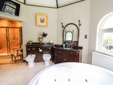 A bathroom with a bidet, toilet, sink with mirror, bathtub, chair, and shower at Glamorgan House in Cardiff