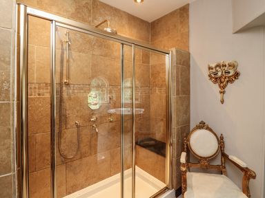 A shower area with glass doors and a gold framed chair next to it at Glamorgan House in Cardiff