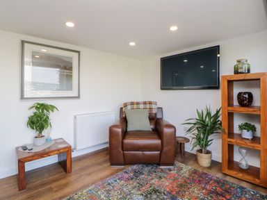 A brown leather armchair with a pillow and blanket a wooden side table with a plant a wall-mounted TV a wooden shelf with decorations and plants in a living room at Riverview 1 Brunel View in Saltash