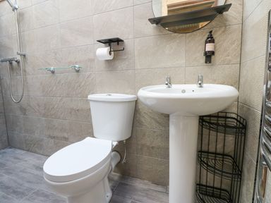 A bathroom with a toilet sink mirror and shower at The Leveret in Eppleby