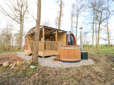A wooden cabin with a covered porch and a hot tub outside surrounded by trees at The Leveret in Eppleby