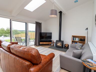 A living room with leather and fabric sofas a wood stove a television bookshelf and sliding doors to a patio at 1 Orchard Cottages Dunstan near Craster