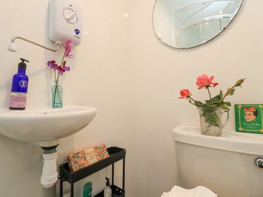 A small bathroom with a wall-mounted sink a mirror above a toilet with flowers on top at Creed Cabin in Stornoway