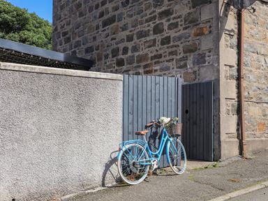 A blue bicycle with a basket of flowers leaning against a gray wooden gate and stone wall