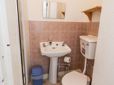 A bathroom with a sink a mirror a toilet a blue trash bin and a wooden shelf at 4 Beach View Beaconsfield House Bridlington