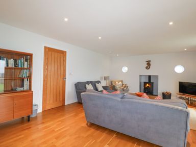 A living room with sofas a fireplace wooden floor and a bookcase at Freefolk in Polzeath