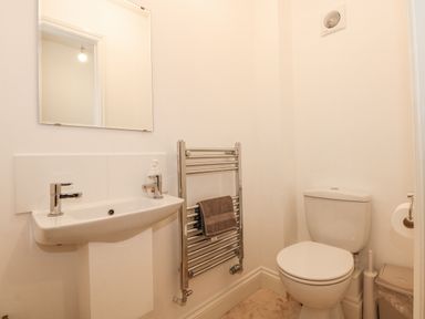 A bathroom with a toilet sink mirror and towel rail at The Mill Stones in Stalham