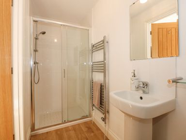 A bathroom with a shower enclosure a wall-mounted radiator with a towel a sink with a soap dispenser and a mirror above at The Mill Stones in Stalham