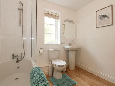 A bathroom with a bathtub shower toilet sink a window and a framed picture of a turtle at The Mill Stones in Stalham