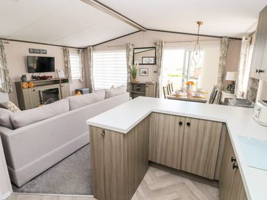 An open plan living room and kitchen with a sofa facing a television a dining table set for four and kitchen cabinets at Beechwood Lodge in Hasguard Cross near Broad Haven