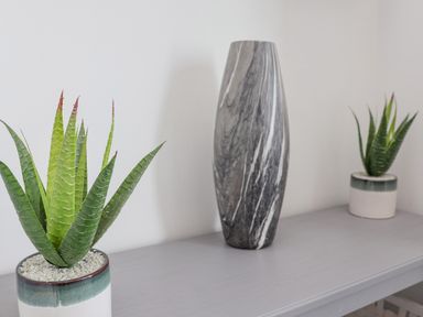 A table with two potted plants and a tall grey patterned vase at 4 Seaview @ Bridlington Bay in Bridlington