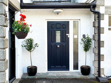 A black front door with a glass panel beside it flanked by two potted plants and a hanging flower basket at The Paddock in Keswick