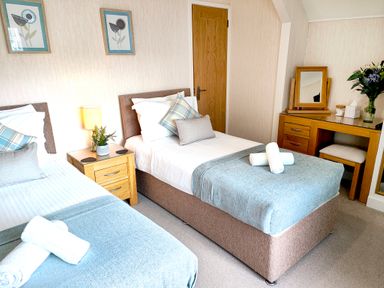 A bedroom with two single beds bedside table with lamp and plant wooden dressing table with mirror and flowers at The Paddock in Keswick