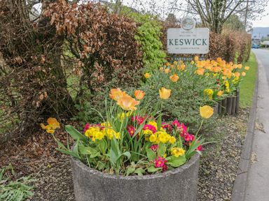 A roadside flower bed with orange tulips yellow and pink flowers and a welcome sign for Keswick at The Paddock in Keswick