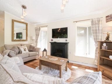 A living room with sofas a wooden coffee table a wall-mounted television and a fireplace at Nutkins Lodge Beckside 5 Limefitt Park near Windermere