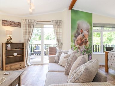A living room with a sofa and plaid cushions a wooden bookshelf a table lamp and patio doors leading outside at Nutkins Lodge in Beckside 5 Limefitt Park near Windermere