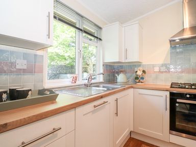 A kitchen with white cabinets a wooden countertop a stainless steel sink a window and a kettle at Nutkins Lodge Beckside 5 Limefitt Park near Windermere
