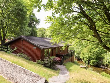 A wooden lodge surrounded by trees with a gravel path and a small stream nearby at Nutkins Lodge Beckside 5 Limefitt Park near Windermere