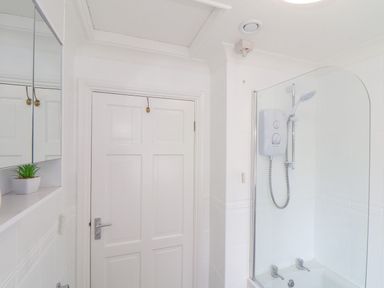 A bathroom with a door a bathtub shower unit and a small plant on a shelf at Apple Tree Bungalow in Lanner