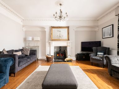 A living room with a fireplace mirror couches and a television at Fron Dderw in Bala