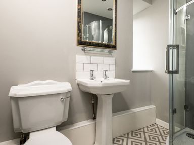 A bathroom with a toilet sink mirror and shower enclosure at Fron Dderw in Bala