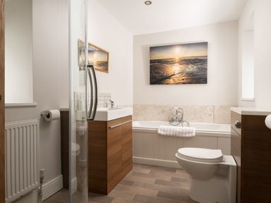A bathroom with a bathtub sink toilet radiator and wall art at Fron Dderw in Bala