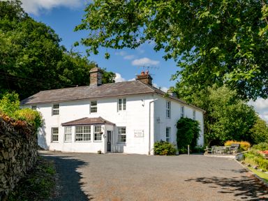 A white house with a slate roof near trees and a gravel driveway at Fron Dderw in Bala