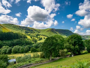A landscape with grassy hills trees and a fence under a blue sky with clouds at Fron Dderw in Bala